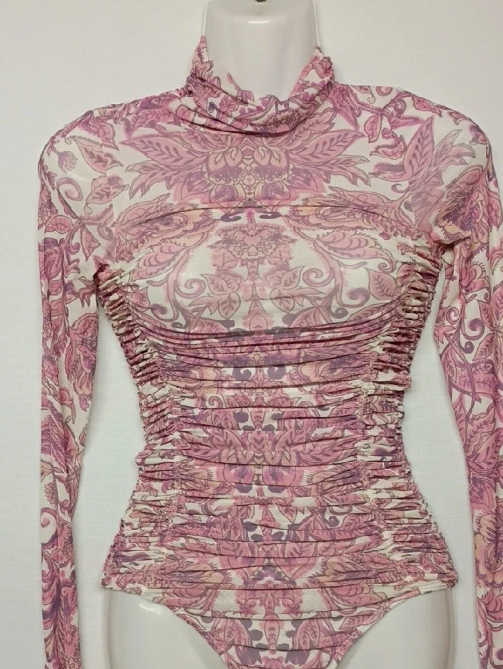 Free People Pink Paisley Ruched SHEER  Turtleneck Bodysuit
